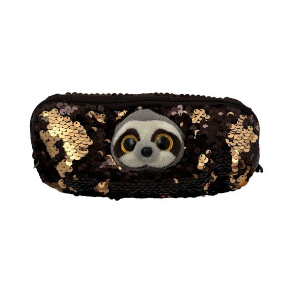 TY Fashion Flippy Sequin Pencil Bag Dangler the Sloth Brown Gold Flip Sequins 8" - Picture 1 of 6